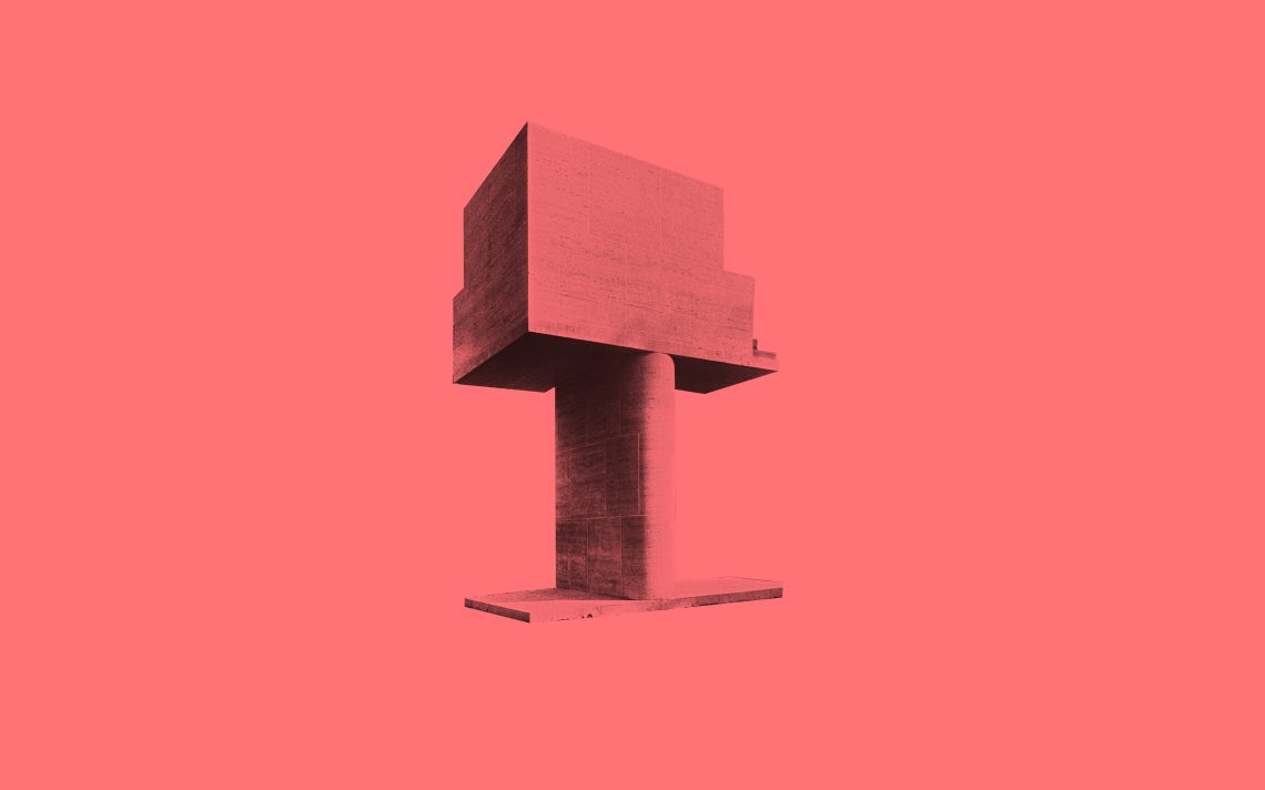 Part of the building of the Kunsthalle Bielefeld in dark salmon color. A cuboid on a column drawn in width, which stands on a plate.