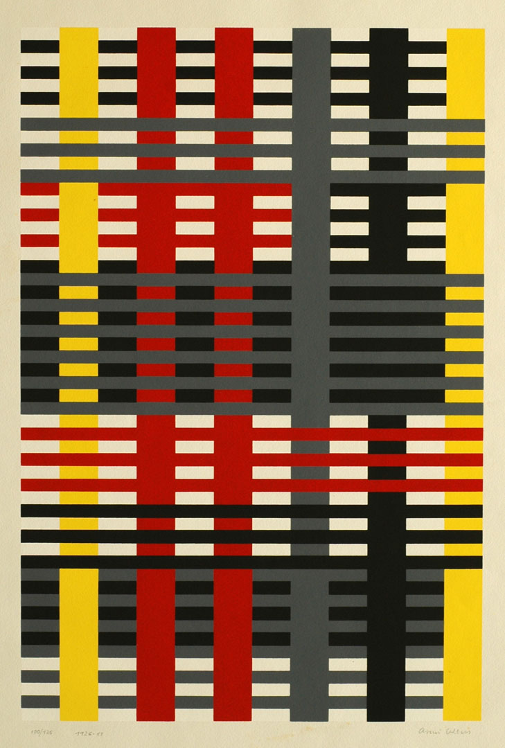 Senkrechte und waagerechte breite und schmale Streifen in den Farben gelb, rot, dunkelgrau und schwarz vor einem weißen Hintergund. Als sollte ein Teppich daraus gewebt werden.