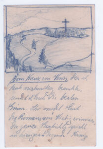 A postcard in old handwriting from 1912. Above a drawing of a hill with a large cross in the distance.