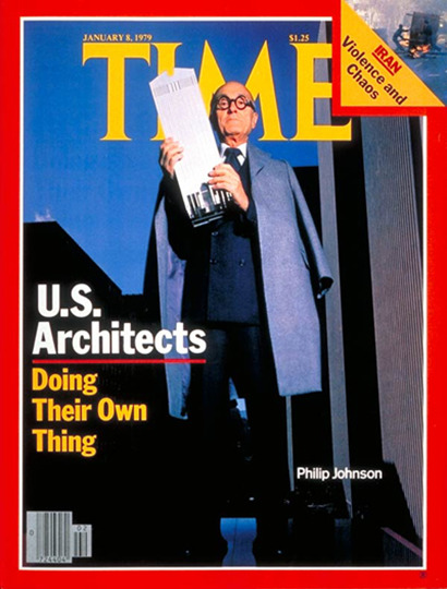 Magazine cover. On it stands Philip Johnson, with an architectural model of a tall building in his hand. Viewing angle slightly from the bottom up, skyscrapers behind him, title of the issue: U.S. Architects. Doing their own thing.