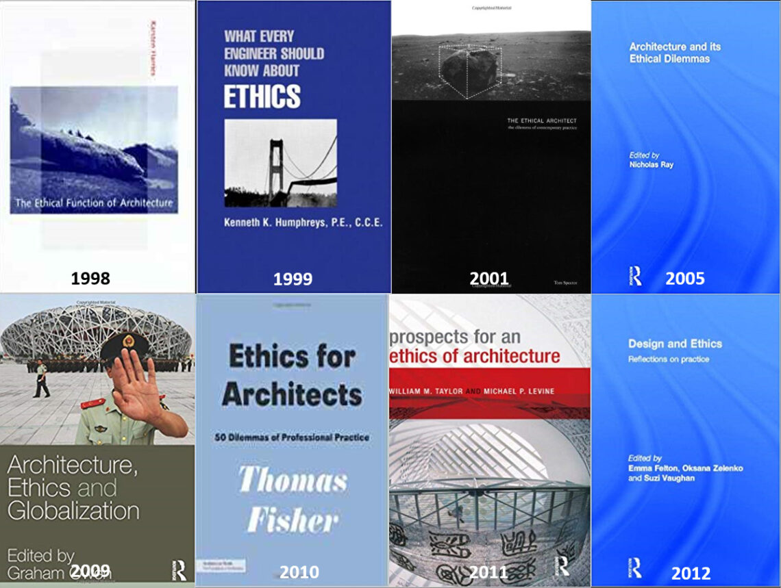 Bild ist gefüllt mit rechteckigen Kacheln aus Büchertitelbildern. Alle behandeln das Tehma Ethik in der Architektur, sind zum größten Teil in Blautönen gehalten und mit dem Jahr ihrer Veröffentlichung versehen. 1998 bis 2012.