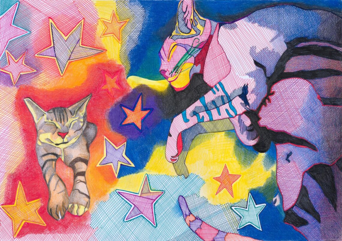 Eine Zeichnung, auf der zwei Katzen, der Schwanz einer weiteren Katze und einige Sternformen zu sehen sind. Katzen und Sterne wirken so, als ob sie umeinander in der Luft schwebten. Die Farben sind kontraststark mit Blau, Gelb, Rot, Orange und Violett bis Pink.