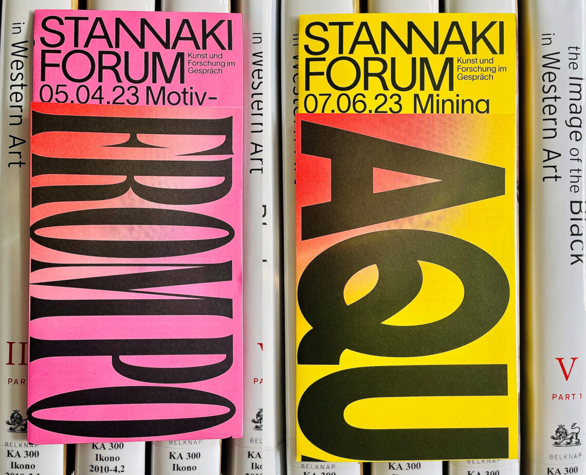 On the left, an oblong, rectangular flyer in magenta, on the right one in yellow. In large black letters on the top of both is written: Stannaki Forum Art and Research in Conversation. Below that on the left it says: 05.04.23 Motif, FROMPO. On the right it says: 07.06.23 Mining, AQU.